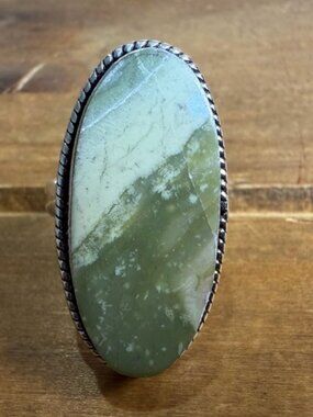 Vintage Style Genuine Green Lace Agate  Statement Ring Size 7 Silver 925 Plated